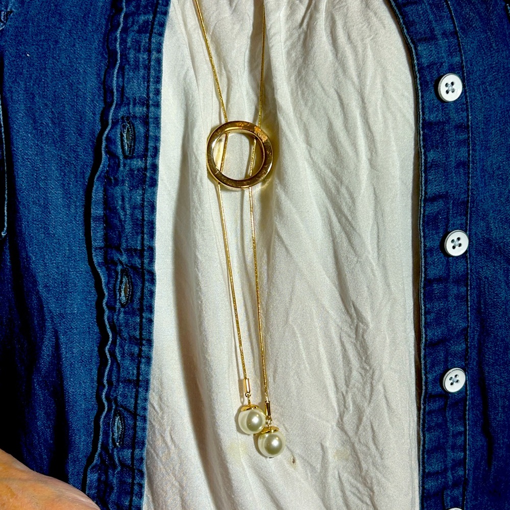 Macy's Gold Long Pendant Necklace with Circular Pendant and Decorative Charms
